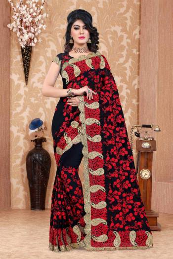 Enhance Your Beauty Wearing This Heavy Designer Saree In Black Color Paired With Black Colored Blouse. This Saree And Blouse Are Fabricated On Georgette Beautified With Heavy Thread And Jari Embroidery. This Saree Will Earn You Lots Of Compliments From Onlookers.