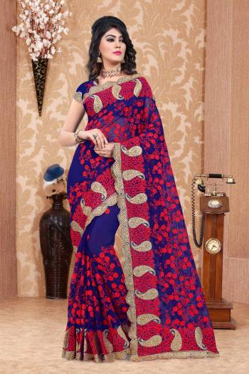 Shine Bright Wearing This Saree In Royal Blue Color Paired With Royal Blue Colored Blouse. This Saree And Blouse Are Fabricated On Georgette Beautified With Jari and Thread Work. It Is Easy To Drape And Carry All Day Long. Buy Now.