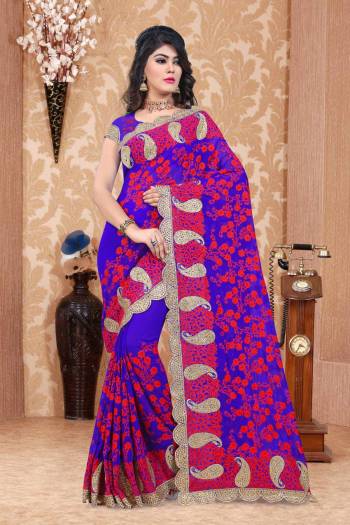 Bright And Visually Appealing Color Is Here With This Saree In Violet Color Paired With Violet Colored Blouse. This Heavy Designer Saree And Blouse Are Fabricated On Georgette Beautified With Heavy Embroidery. Buy This Saree Now.