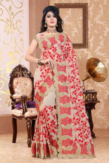 Flaunt Your Rich And Elegant Taste Wearing This Designer Saree In Beige Color Paired With Beige Colored Blouse. This Saree And Blouse Are Fabricated On Georgette Beautified With Heavy Embroidery All Over It. Buy This Saree Now.