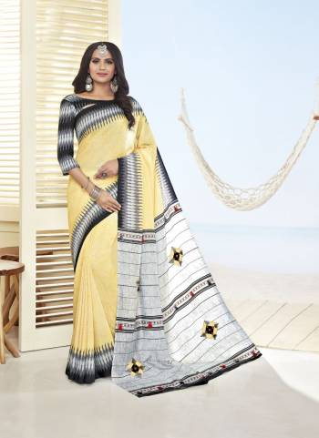 Look Pretty Wearing This Saree In Yellow Color Paired With Contrasting Grey Colored Blouse. This Saree And Blouse Are Fabricated On Cotton Khadi Beautified With Prints All Over. Buy Now.