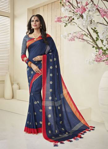 Enhance Your Personality Wearing This Saree In Blue Color Paired With Blue Colored Blouse. This Saree And Blouse Are Fabricated On Cotton Khadi Beautified With Simple Polka Prints And Lining. Buy This Pretty Saree Now.