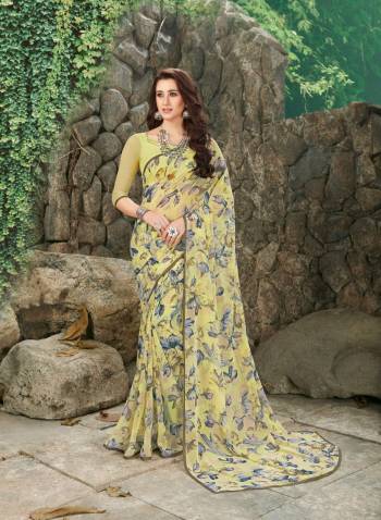 Simple And Elegant Looking Saree Is Here In Light Yellow Color Paired with Light Yellow Colored Bottom And Dupatta. This Saree And blouse Are Fabricated On Georgette Beautified With Contrasting Prints All Over. Buy This Saree Now.