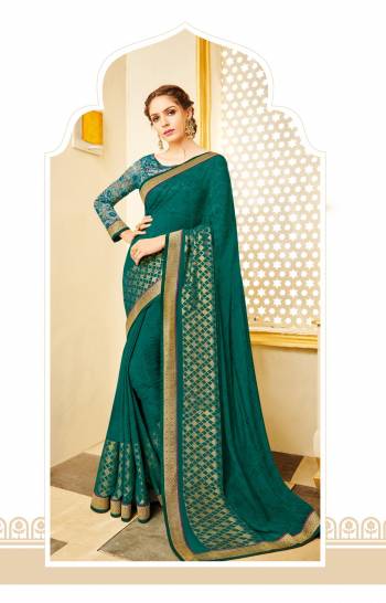 Add This New Shade In Green To Your Wadrobe Wearing This Saree In Teal Green Color Paired With Teal Green Colored Blouse. This Saree Is Fabricated On Georgette Paired With Net Fabricated Blouse. It Has Attractive Lace Border Over The Saree. Buy Now.