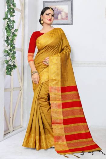 Celebrate This Festive Season Wearing This Saree In Musturd Yellow Color Paired With Contrasting Red Colored Blouse. This Saree And Blouse Are Fabricated On Kanjivaram Art Silk Which Gives A Rich Look To Your Personality.