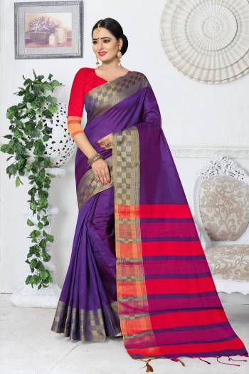 Add This Attractive Colored Saree In Purple Paired With Contrasting Red Colored Blouse. This Saree And Blouse Are Fabricated On Kanjivaram Art Silk. It Is Light Weight And Easy To Drape.