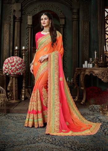 Look Pretty Wearing this Beautiful Designer Saree In Orange Color Paired With Pink Colored Blouse. This Saree Is Fabricated On Chiffon Paired With Art Silk Fabricated Blouse. It Has Heavy Jari Embroidery All Over The Saree And Also This Saree Will Earn You Lots Of Compliments From Onlookers.