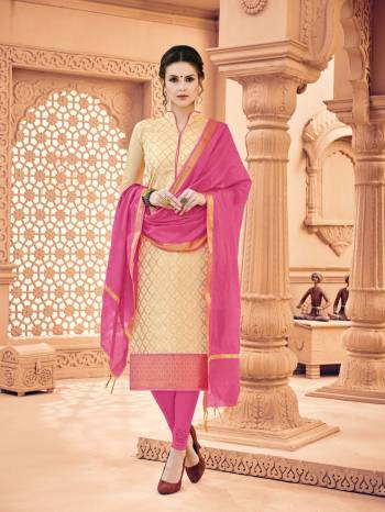 Simple And Elegant Straight Suit Is Here In Cream Colored Top Paired With Paired With Pink Colored Bottom And Dupatta. Its Top Is Fabricated On Banarasi Art Silk Paired With Cotton Bottom And Khadi Silk Dupatta. Get This Dress Material Now.