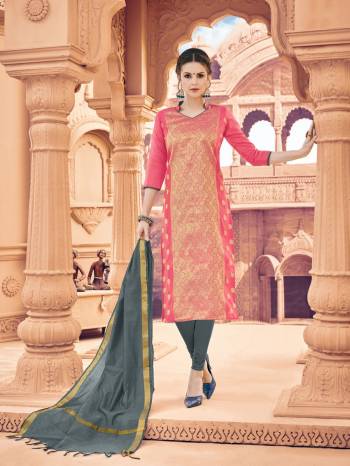 Look Pretty Wearing This Straight Suit In Dark Peach Colored Top Paired With Contrasting Grey Colored Bottom And Dupatta. Its Top Is Fabricated On Banarasi Art Silk Paired With Cotton Bottom And Khadi Silk Dupatta. Get This Dress Material stitched As Per Your Desired Fit And Comfort.