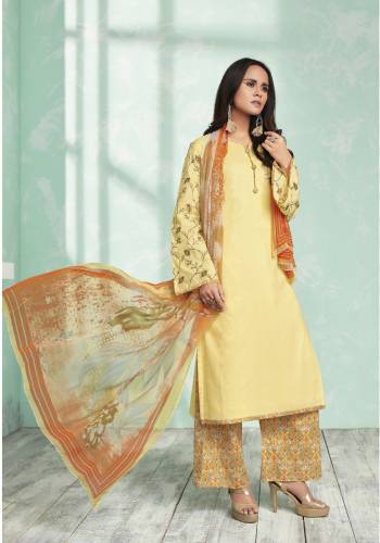 Light Color Gives An Elegant Look To Your Personality, So Grab This Pretty Suit In Light Yellow Colored Top Paired With Multi Colored Bottom And Dupatta. Its Top And Bottom Are Fabricated On Cotton Paired With Chiffon Dupatta. Buy This Lovely Suit Now.