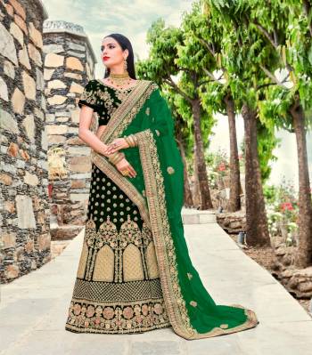 Add This New Color In Lehenga Choli To Your Wardrobe With This Heavy Designer Lehenga Choli In Pine Green Color Paired With Green Colored Dupatta. Its Blouse And Lehenga Are Fabricated On Velvet Paired With Net Fabricated Dupatta. It Is Beautified With Heavy Embroidery All Over It. Buy It Now.