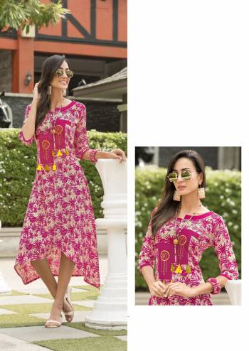 Look Pretty In This Printed Readymade Kurti In Pink Color Fabricated On Rayon. This Kurti Is Available In All Regular Sizes. Also It IS Light Weight And Easy To Carry All Day Long.