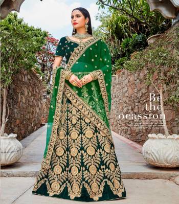 Add This New Color In Lehenga Choli To Your Wardrobe With This Heavy Designer Lehenga Choli In Pine Green Color Paired With Green Colored Dupatta. Its Blouse And Lehenga Are Fabricated On Velvet Paired With Net Fabricated Dupatta. It Is Beautified With Heavy Embroidery All Over It. Buy It Now.