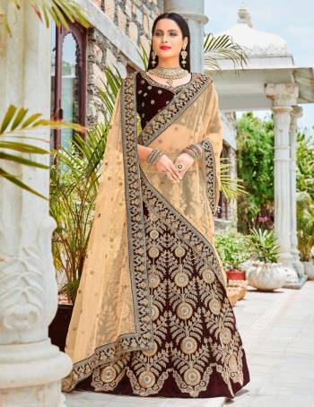 Get Ready For The Upcoming Wedding Season With This Heavy Designer Lehenga Choli In Brown Color Paired With Beige Colored Blouse. Its Blouse And Lehenga Are Fabricated On Velvet Paired With Net Fabricated Dupatta. This Designer Lehenga Choli Is Beautified With Heavy Jari And Thread Embroidery. Buy This New Color Now.