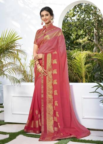 A Must Have Color In Every Womens Wardrobe Is Here With This Saree In Pink Color Paired With Pink Colored Blouse. This Saree Is Fabricated On Chiffon Jacquard Paired With Brocade Fabricated Blouse. Buy This Saree Now.