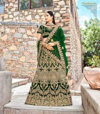 Add This New Color In Lehenga Choli To Your Wardrobe With This Heavy Designer Lehenga Choli In Pine Green Color Paired With Green Colored Dupatta. Its Blouse And Lehenga Are Fabricated On Velvet Paired With Net Fabricated Dupatta. It Is Beautified With Heavy Embroidery All Over It. Buy It Now.