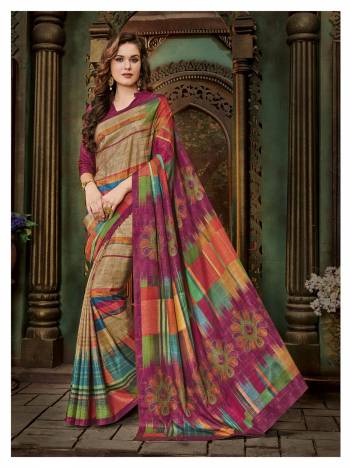 Add This Semi-Casual Wear Saree To Your Wardrobe In Beige And Magenta Pink Color Paired With Magenta Pink Colored Blouse. This Saree And Blouse Are Fabricated On Cotton Silk Beautified With Prints All Over It. It Is Light Weight And Easy To Drape. 