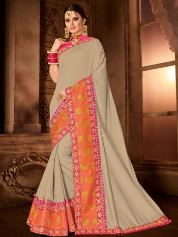 Show your elegance by wearing this gorgeous beige color silk fabrics saree. Ideal for party, festive & social gatherings. this gorgeous saree featuring a beautiful mix of designs. Its attractive color and designer embroidered design, patch design, stone, moti, heavy designer blouse, beautiful floral design work over the attire & contrast hemline adds to the look. Comes along with a contrast unstitched blouse.