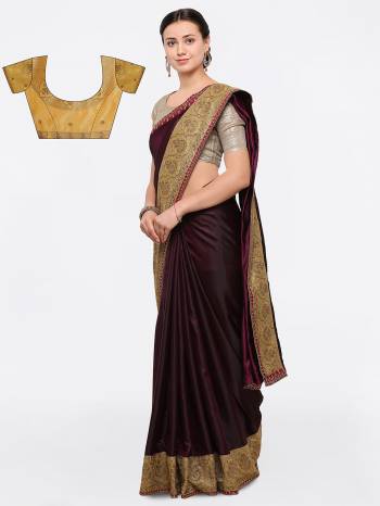 Add This Very Pretty Saree To Your Wardrobe In Wine Color Paired With Beige Colored Blouse. This Saree Is Fabricated On Silk Paired With Art Silk Fabricated Blouse. It Has Embroidered Lace Border And Embroidered Blouse. Buy This Saree Now.