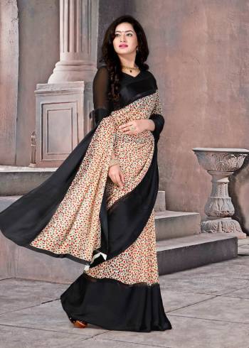 Grab This Saree For Your Casual Wear Saree In Black And Cream Color Paired With Black Colored Blouse. This Saree And Blouse Are Fabricated On Satin Silk Beautified With Intricate Floral Prints.