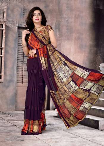 A Must Have Shade In Every Womens Wardrobe Is Here With This Saree In Wine And Multi Color Paired With beige Colored Blouse. This Saree And Blouse Are Fabricated On Satin Silk Beautified with Multi Colored Prints.