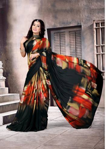 Grab This Saree For Your Casual Wear Saree In Black And Multi Color Paired With Black Colored Blouse. This Saree And Blouse Are Fabricated On Satin Silk Beautified With Intricate Floral Prints.