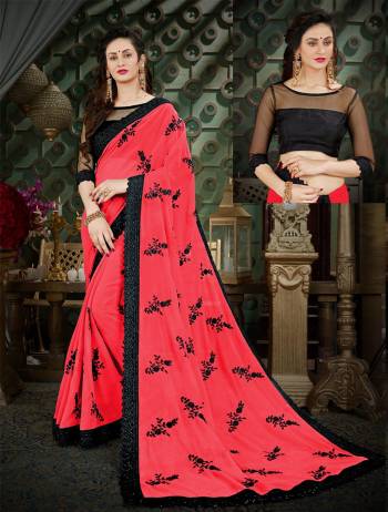 Bright And Visually Appealing Color Is Here with This Saree In Dark Peach Color Paired With Black Colored Blouse. This Saree Is Fabricated On Georgette Paired With Art Silk Fabricated Blouse. It Is Beautified With Embroidered Motifs and Lace Border.