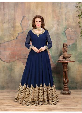 Bright And Visually Appealing Color Is Here With Designer Floor Length Suit In Royal Blue Colored Top Paired With Royal Blue Colored Bottom And Dupatta. Its Top Is Fabricated On Georgette Paired With Santoon Bottom And Chiffon Dupatta. Its All Three Fabrics Ensures Superb Comfort All Day Long. Buy Now.