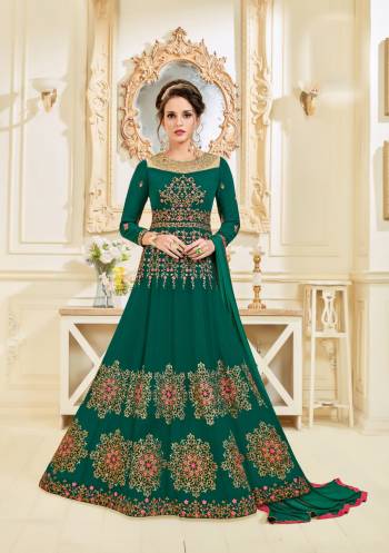 Get Ready For The Next Occasion At Your Place With This Designer Floor Length Suit In Pine Green Color Paired With Pine Green Colored Dupatta. Its Top Is Fabricated On Georgette Paired With Santoon Bottom And Chiffon Dupatta. It Is Beautified With Heavy Contrasting Colored Embroidery. Buy It Now.