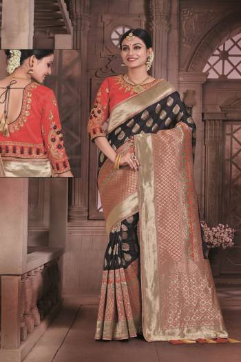 For A Bold And Beautiful Look In Silk Saree, Grab This Saree In Black Color Paired With Red Colored Blouse. This Saree And Blouse Are Fabricated On Art Silk Beautified With Weave All Over It. Buy This Saree Now.