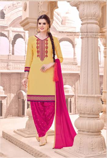 Here Is A Very Pretty And Attractive Dress Material In Yellow Colored Top Paired With Contrasting Dark Pink Colored Bottom And Dupatta. Its Top And Bottom Are Fabricated On Cotton Paired With Chiffon Dupatta. Its Top And Bottom Are Beautified With Thread Embroidery. Buy Now.