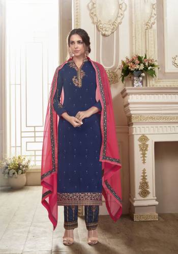 Attract All With This Designer Straight Suit In Royal Blue Color Paired With Royal Blue Colored Bottom And Dupatta. Its Top Is Fabricated On Georgette Paired With Santoon Bottom And Chiffon Dupatta. Buy It Now.