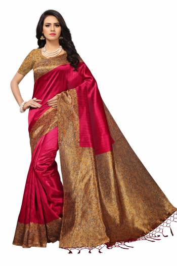 Attract All Wearing This Saree In Rani Pink Color Paired With Contrasting Yellow Colored Blouse. This Saree And Blouse Are Fabricated On Kashmiri Art Silk Beautified With Prints All Over.