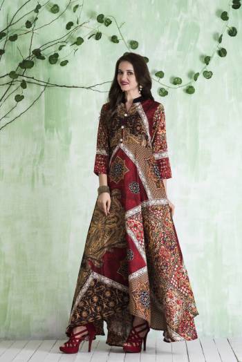 Here Is Pretty Readymade Floor Length Gown In Brown And Multi Color Fabricated On Tussar Art Silk Beautified With Prints All Over It. Its Fabric Is Soft Towards Skin And Easy To Carry All Day Long.