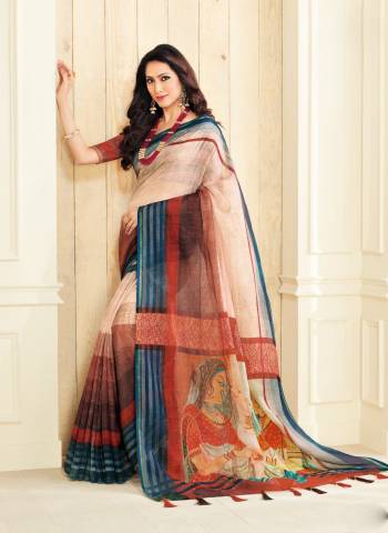 Grab This Pretty Saree In Cream And Multi Color Paired With Rust Colored Blouse. This Saree And Blouse Are Fabricated On Jute Silk Beautified With Prints. Buy This Lovely Saree Now.