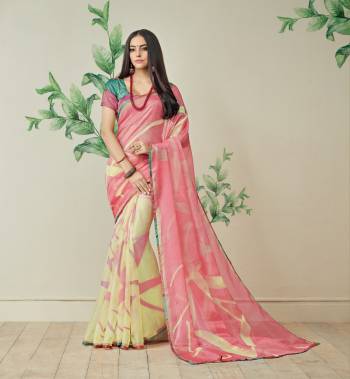 A Must Have Shade In Every Womens Wardrobe Is Here In Peach And Cream Color Paired With Blue Colored Blouse. This Saree Is Fabricated On Jute Art Silk Paired With Art Silk Fabricated Blouse. This Saree Is Light Weight And Easy To Carry All Day Long.