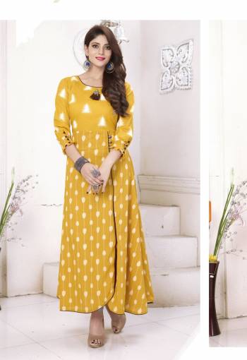 Celebrate This Festive Season With Beauty And Comfort Wearing This Readymade Kurti In Musturd Yellow Color Fabricated On Cotton. This Kurti Has Simple Prints All Over It. Pair Thi Up With Yellow Or White Colored Leggings And Complete The Look.