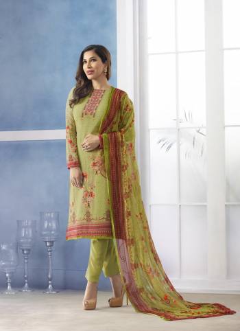 Grab This Pretty Designer Semi-Stitched Suit In Light Green Color Paired With Light Green Colored Bottom And Dupatta. Its Top Is Fabricated On Georgette Paired With Santoon Bottom And Chiffon Dupatta. It Is Beautified With Prints And Embroidery Which Is Making The Suit Attractive.