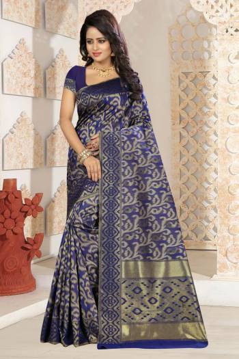 Enhance Your Perosnality Wearing This Silk Saree In Navy Blue Color Paired With Navy Blue Colored Blouse. This Saree And Blouse Are Fabricated On Kanjivaram Art Silk . It Is Light Weight And Easy To Drape. 