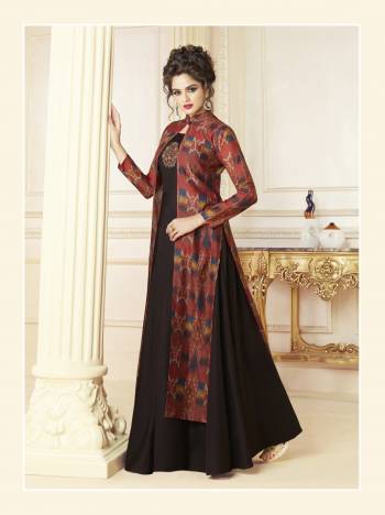 For A Bold And Beautiful Look, Grab This Designer Indo-Western Readymade Gown In Black And Maroon Color. It Is Fabricated On Cotton Blend Top And Chanderi Cotton Printed Jacket. It Is Available In All Regular Sizes. Buy Now.