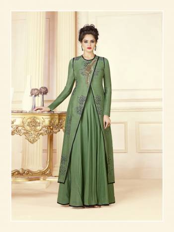 New And Unique Patterned Designer Readymade Gown Is Here In Green Color Fabricated On Cotton Blend. This Indo-Western Gown Is Beautified With Embroidery.  Buy This Now.