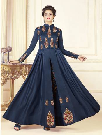 Enhance Your Personality Wearing This Designer Readymade Indo-Western Dress In Dark Blue Color Fabricated On Cotton Blend Paired With Art Silk Fabricated Pants. Its Prnted Pants And Embroidered Yoke Is Making The Dress Attractive.