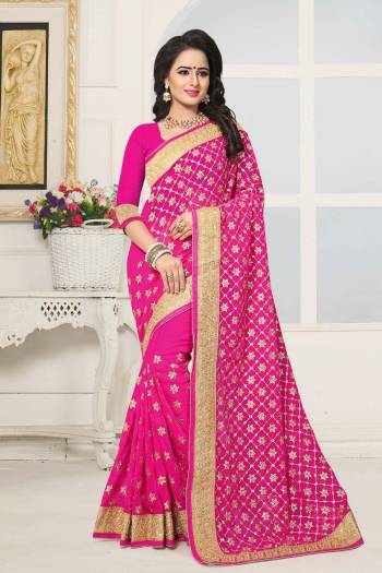 Shine Bright Wearing this Attractive Shade In Pink With This Heavy Designer Saree In Rani Pink Color Paired With Rani Pink Colored Blouse. This Saree And Blouse Are Fabricated On Georgette Beautified With Heavy Jari Embroidery All Over. Buy This Saree Now.