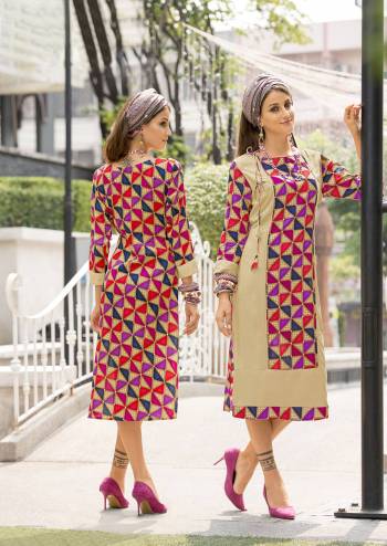 Go Colorful With This Attractive Kurti In Beige And Multi Color Fabricated On Cotton Satin Beautified With Prints All Over. This Colorful Kurti Will Give An Attractive Look To Your Personality. Buy It Now.