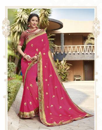 Look Pretty In This Designer Pink Colored Saree Paired With Pink Colored Blouse. This Saree Is Fabricated On Silk Georgette Paired With Art Silk Fabricated Blouse. This Saree Has Pretty Embroidered Motifs All Over With Lace Border.