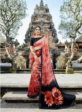 New And Unique Shades Are Here With This Pretty Saree In Peach And Rust Color Paired With Black Colored Blouse. This Saree Is Fabricated On Georgette paired With Art Silk Fabricated Blouse. Buy This Saree Now.