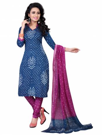 Enhance Your Perosnality Wearing This Printed Suit In Blue Colored Top Paired With Contrasting Magenta Pink Colored Bottom And Dupatta. This Dress Material Is Fabricated On Satin Cotton Beautified With Bandhani Prints All Over. Get This Stitched As Per Your Desired Fit And Comfort.