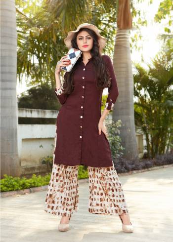 For Your Casual Or Semi-Casua;l Wear, Grab This Designer Pair In Readymade Kurti And Plazzo. The Kurti Is Brown Color Paired With Cream Colored Plazzo, Both Are Fabricated On Rayon Which Has Skin Soft Fabric. Buy This Kurti Set Now.