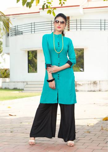 Flaunt Your Rich and Elegant Taste With Simplicty Wearing This Readymade Kurti And Plazzo Set. This Kurti IS In Turquoise Blue Color Paired With Black Colored Plazzo. Both Are Fabricated On Rayon Which Is Soft Towards Skin And Easy To Carry All day Long.