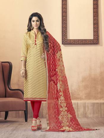 Forever Combination In Ethnic Wear IS Here with This Dress Material In Beige Colored Top Paired With Red Colored Bottom And Dupatta. Its Top Is Fabricated On Silk Jacquard Paired With Cotton Bottom And Net Dupatta. It Has Jari Embroidered Dupatta Making The Suit Attractive.